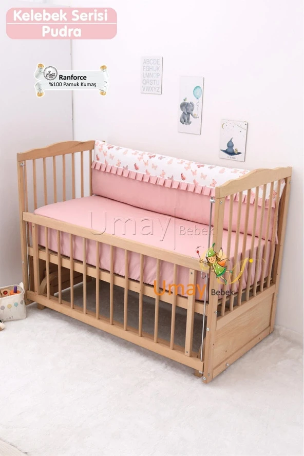 Umaybebek 70x130, Bebek Nevresim Takımı, Dolgu Korumalık, Düz Çarşaf - %100 Pamuk-Pudra Kelebek - 3