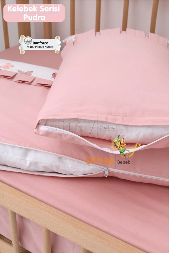Umaybebek 70x130, Bebek Nevresim Takımı, Dolgu Korumalık, Düz Çarşaf - %100 Pamuk-Pudra Kelebek - 4