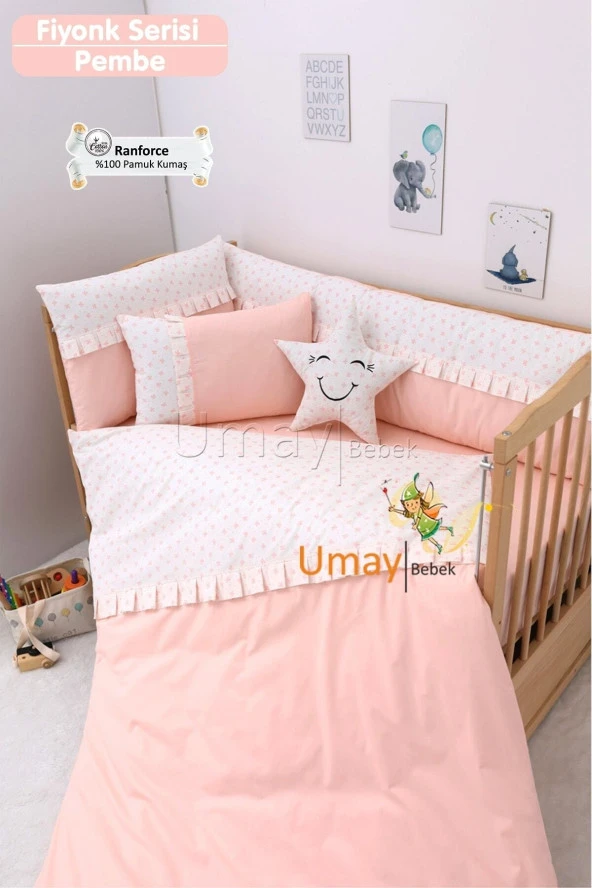 Umaybebek 70x130, Bebek Nevresim Takımı, Dolgu Korumalık, Düz Çarşaf - %100 Pamuk-Bebe Pembe ürün görseli 1