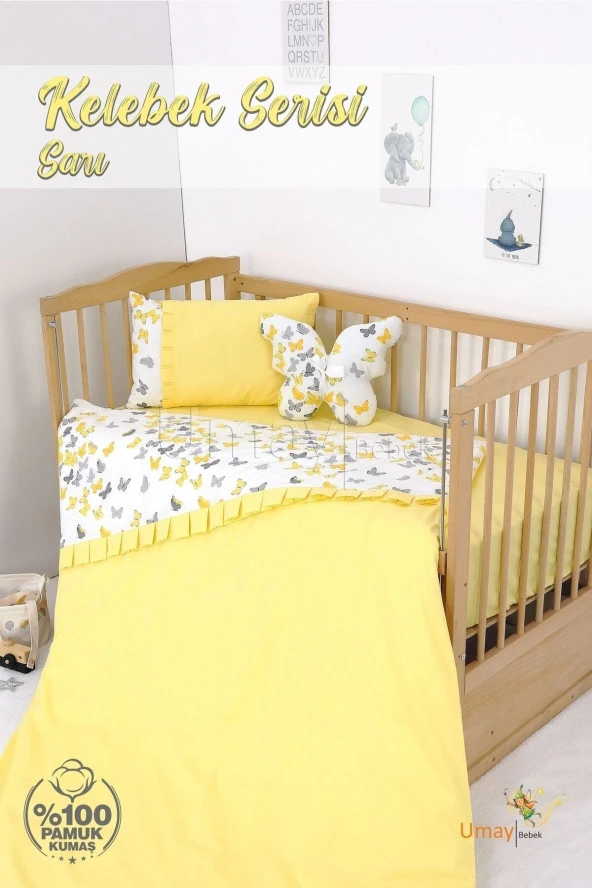 Bebek Nevresim Takımı, Çarşaf - %100 Pamuk-Sarı Kelebek