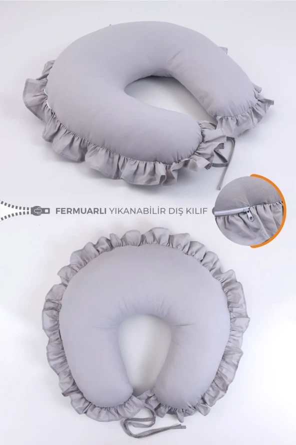 Umaybebek Emzirme Yastığı Minderi, Pamuk Kumaş - Gri Fırfırlı-