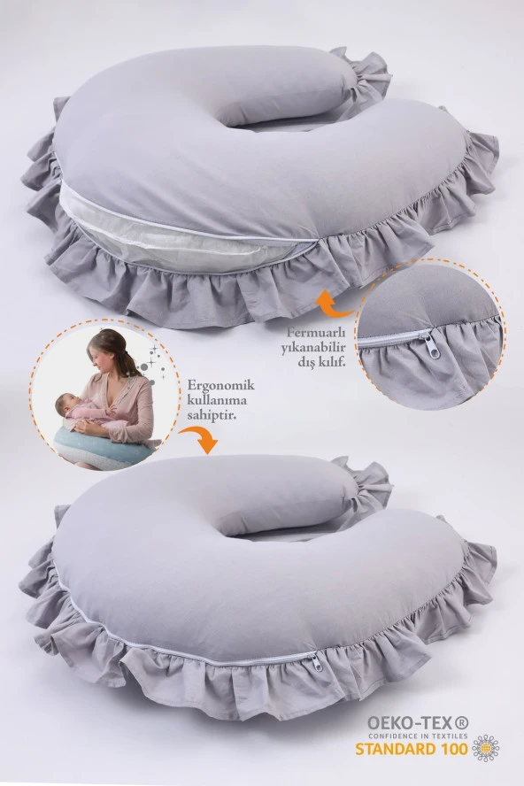 Umaybebek Emzirme Yastığı Minderi, Pamuk Kumaş - Gri Fırfırlı- - 2