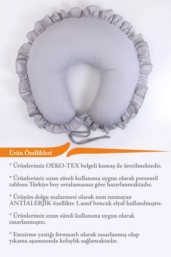 Umaybebek Emzirme Yastığı Minderi, Pamuk Kumaş - Gri Fırfırlı- - 3