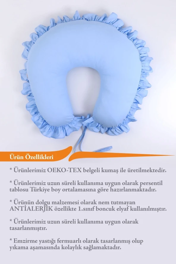 Umaybebek Emzirme Yastığı Minderi, Pamuk Kumaş - Mavi Fırfırlı- - 3