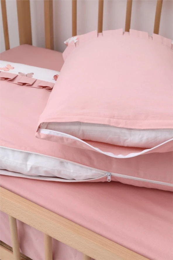 Umaybebek 70x110, Bebek Nevresim Takımı, Dolgu Korumalık, Düz Çarşaf - %100 Pamuk-Pudra Kelebek - 4
