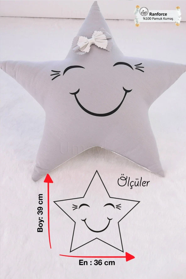 Umaybebek Bebek Çocuk Odası Yıldız Yastık, Dekoratif Yastık Gri Fiyonklu, Uyku Arkadaşı - Gri Fiyonklu Yıldız