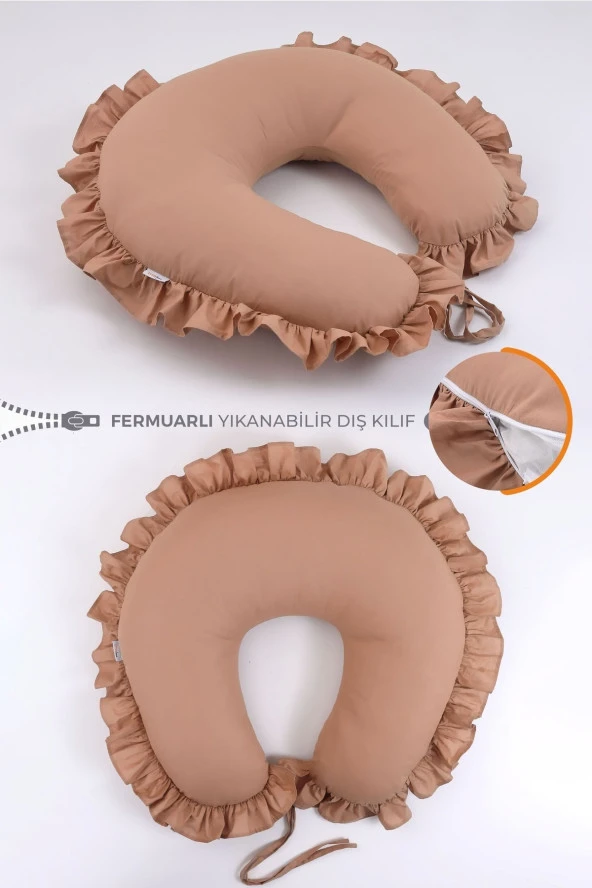 Umaybebek Emzirme Yastığı Minderi - %100 Pamuk - Kahve Fırfırlı-