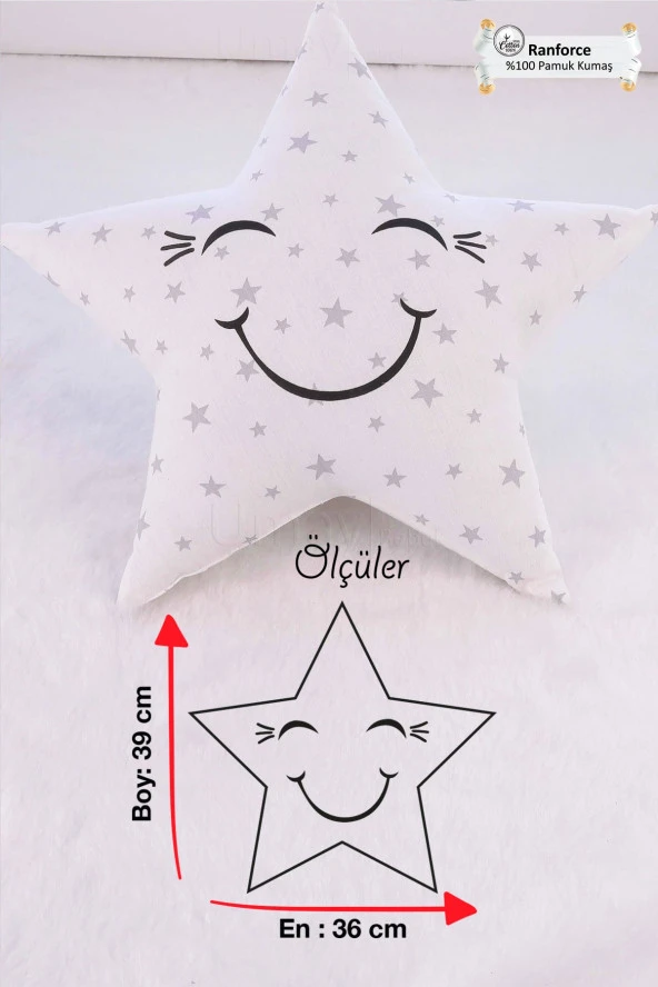 Umaybebek Bebek Çocuk Odası Yıldız Yastık, Dekoratif Yastık, Uyku Arkadaşı - Gri Yıldız