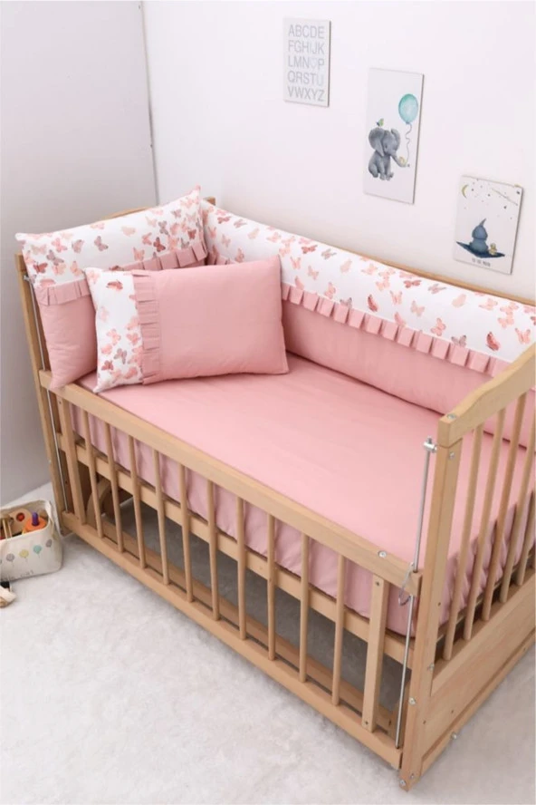 Umaybebek 60x120, Bebek Nevresim Takımı, Dolgu Korumalık, Düz Çarşaf - %100 Pamuk-Pudra Kelebek - 2