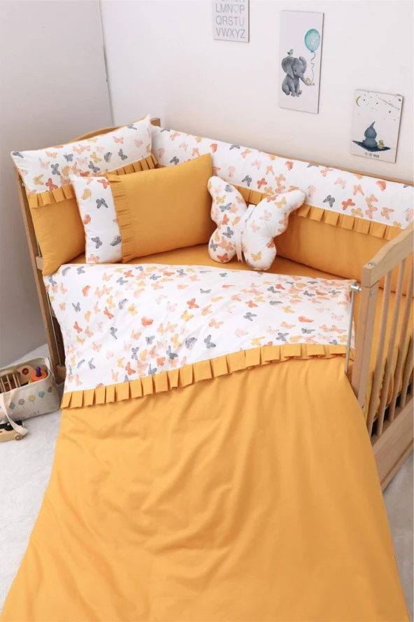 Umaybebek 60x120, Bebek Nevresim Takımı, Dolgu Korumalık, Düz Çarşaf - %100 Pamuk-Hardal Kelebek ürün görseli 1