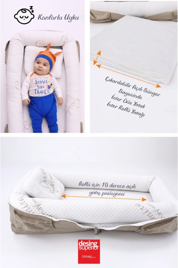 Umaybebek Umay Çantalı Taşınabilir Reflü Yatağı, Babynest, Anne Çantası - Dokuma Kahve - 2