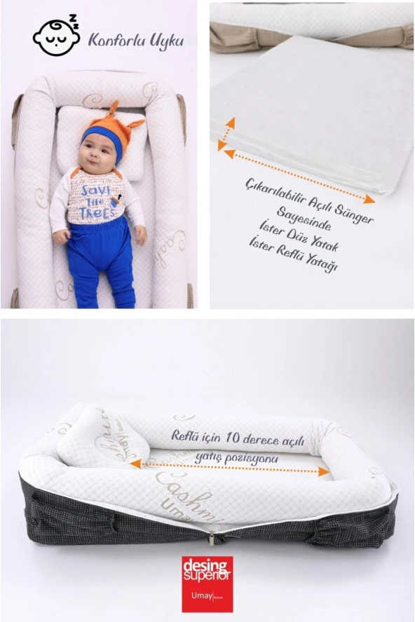 Umaybebek Umay Çantalı Taşınabilir Reflü Yatağı, Babynest, Anne Çantası - Dokuma Gri - 2