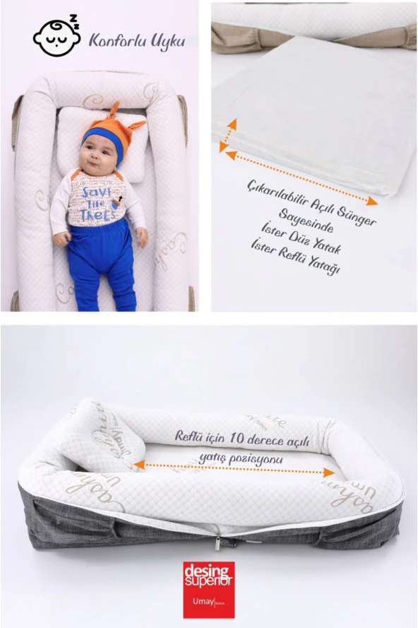 Umaybebek Umay Çantalı Taşınabilir Reflü Yatağı, Babynest, Anne Çantası - Antrasit - 2