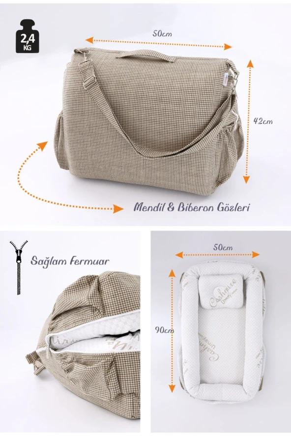 Umaybebek Umay Çantalı Taşınabilir Reflü Yatağı, Babynest, Anne Çantası - Dokuma Kahve - 3
