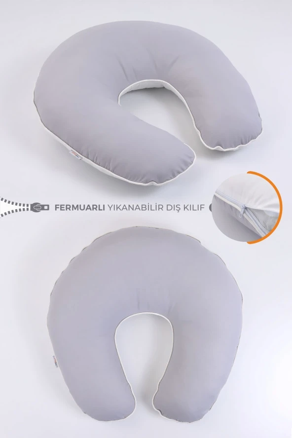 Umaybebek Emzirme Yastığı Minderi, Pamuk Kumaş - Gri Krem-