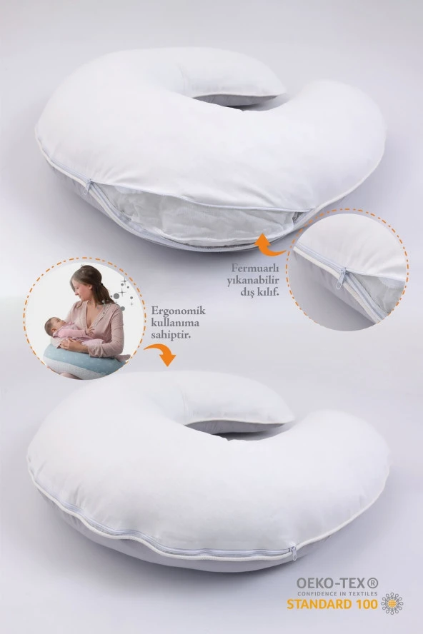 Umaybebek Emzirme Yastığı Minderi, Pamuk Kumaş - Gri Krem- - 2