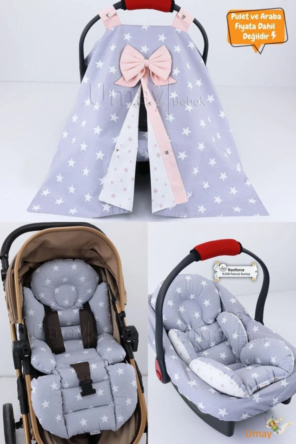 Umaybebek 4 Parça - Puset Örtüsü, Bel Destekli Bebek Arabası Minderi, Puset Minderi, Puset Çarşafı - Tutmalı-Açık Gri Bebepembe T ürün görseli 1