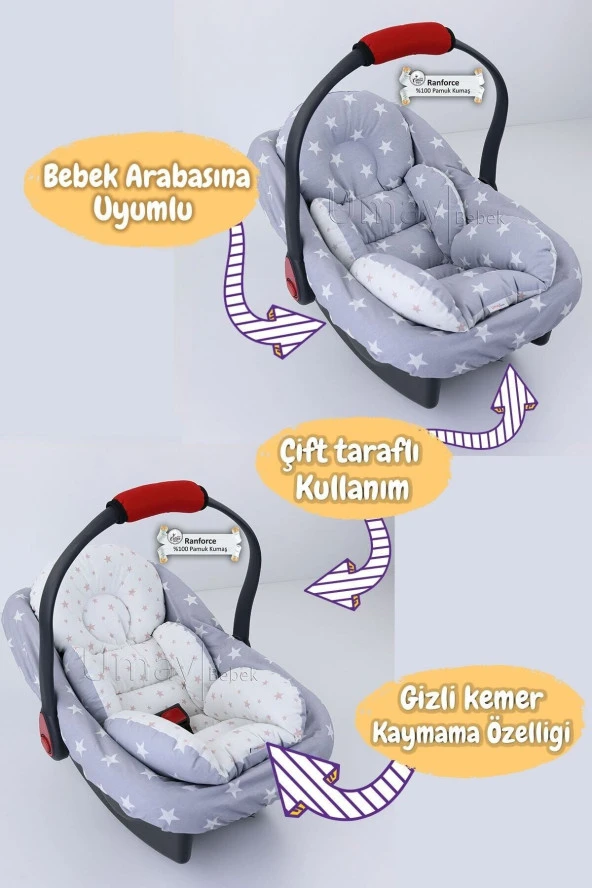 Umaybebek 4 Parça - Puset Örtüsü, Bel Destekli Bebek Arabası Minderi, Puset Minderi, Puset Çarşafı - Panço-Açık Gri Bebepembe P - 2