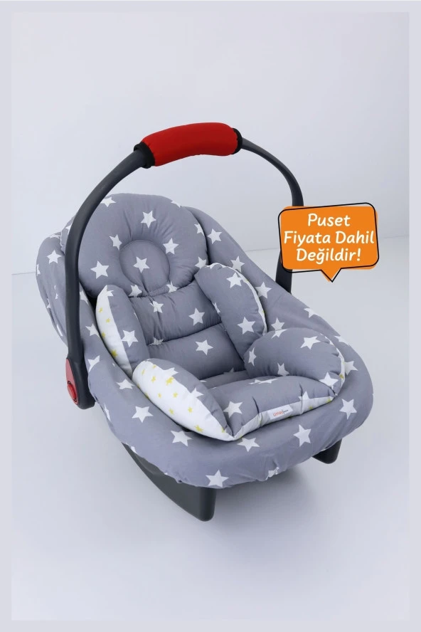 Umaybebek 2 Parça - Bel Destekli Puset Minderi, Puset Çarşafı, Pamuk Kumaş - Orijinal Ürün-Koyu Gri Sarı