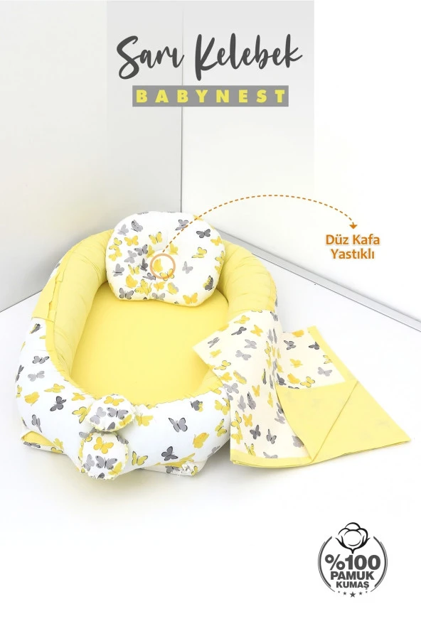 Umaybebek 3 Parça - Bebek Uyku Yatağı, Baş Yastık, Bebek Pikesi 0-2 Yaş - %100 Pamuk-Sarı Kelebek - 2