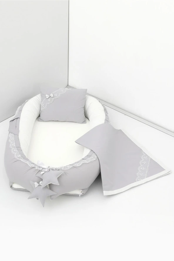 Umaybebek 3 Parça - Bebek Uyku Yatağı, Baş Yastık, Bebek Pikesi 0-2 Yaş - %100 Pamuk-Gri/Krem ürün görseli 1