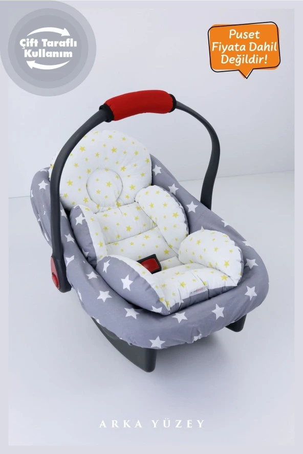 Umaybebek 2 Parça - Bel Destekli Puset Minderi, Puset Çarşafı, Pamuk Kumaş - Orijinal Ürün-Koyu Gri Sarı - 3