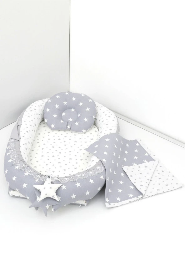 Umaybebek 3 Parça - Bebek Uyku Yatağı, Baş Yastık, Bebek Pikesi 0-2 Yaş - %100 Pamuk-Gri Yıldız ürün görseli 1