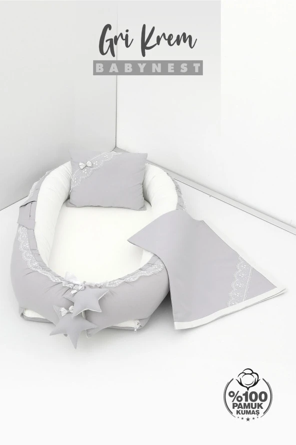 Umaybebek 3 Parça - Bebek Uyku Yatağı, Baş Yastık, Bebek Pikesi 0-2 Yaş - %100 Pamuk-Gri/Krem - Resim 2