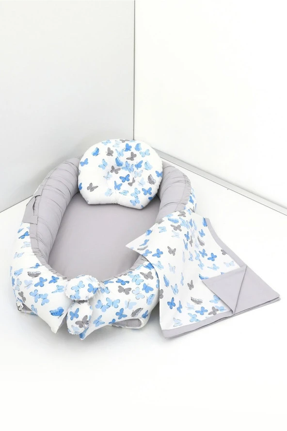 Umaybebek 3 Parça - Bebek Uyku Yatağı, Baş Yastık, Bebek Pikesi 0-2 Yaş - %100 Pamuk-Mavi Kelebek ürün görseli 1