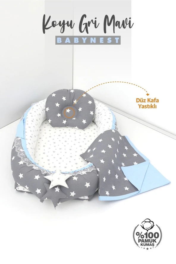 Umaybebek 3 Parça - Bebek Uyku Yatağı, Baş Yastık, Bebek Pikesi 0-2 Yaş - %100 Pamuk-Koyu Gri/Mavi - 2