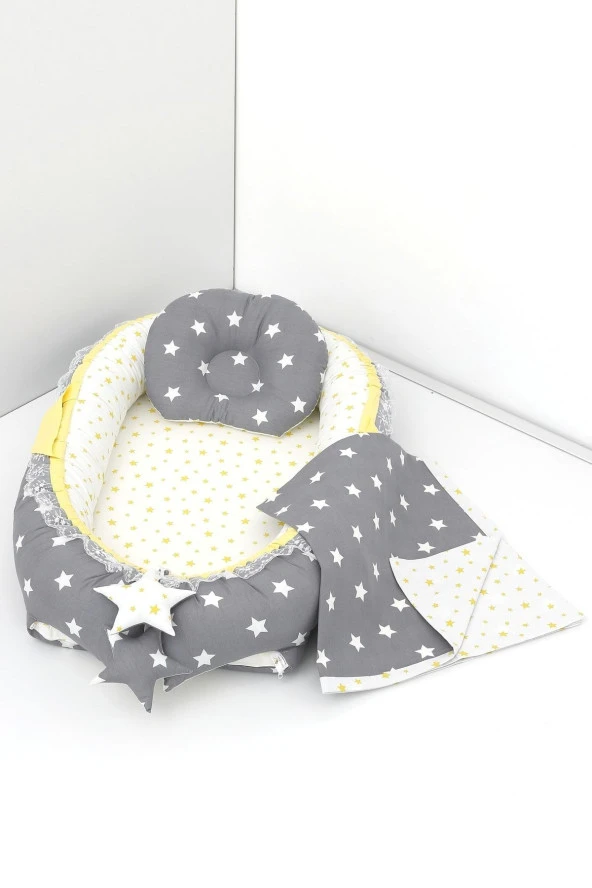 Umaybebek 3 Parça - Bebek Uyku Yatağı, Baş Yastık, Bebek Pikesi 0-2 Yaş - %100 Pamuk-Koyu Gri/Sarı ürün görseli 1