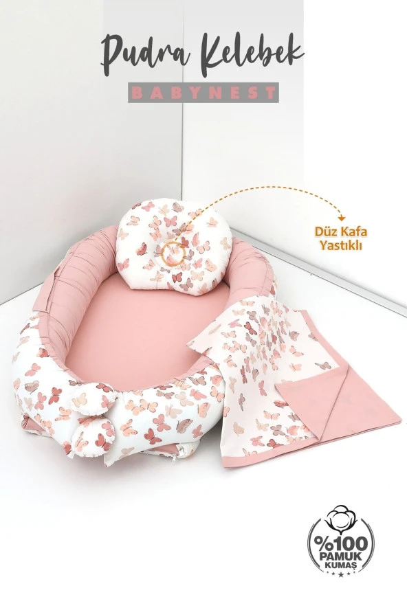 Umaybebek 3 Parça - Bebek Uyku Yatağı, Baş Yastık, Bebek Pikesi 0-2 Yaş - %100 Pamuk-Pudra Kelebek - Resim 2