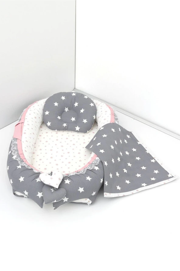 Umaybebek 3 Parça - Bebek Uyku Yatağı, Baş Yastık, Bebek Pikesi 0-2 Yaş - %100 Pamuk-Koyu Gri/Pudra