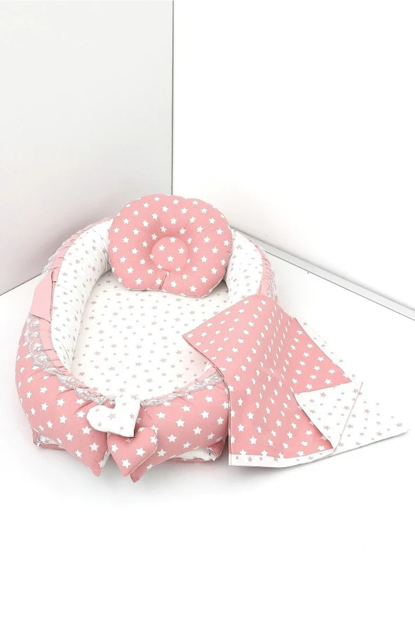 Umaybebek 3 Parça - Bebek Uyku Yatağı, Baş Yastık, Bebek Pikesi 0-2 Yaş - %100 Pamuk-Pudra Yıldız ürün görseli 1
