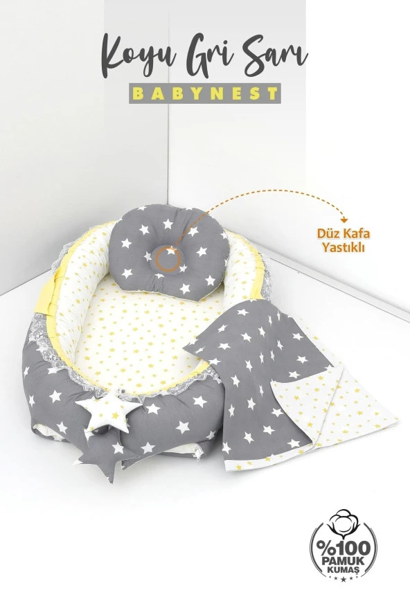 Umaybebek 3 Parça - Bebek Uyku Yatağı, Baş Yastık, Bebek Pikesi 0-2 Yaş - %100 Pamuk-Koyu Gri/Sarı - Resim 2