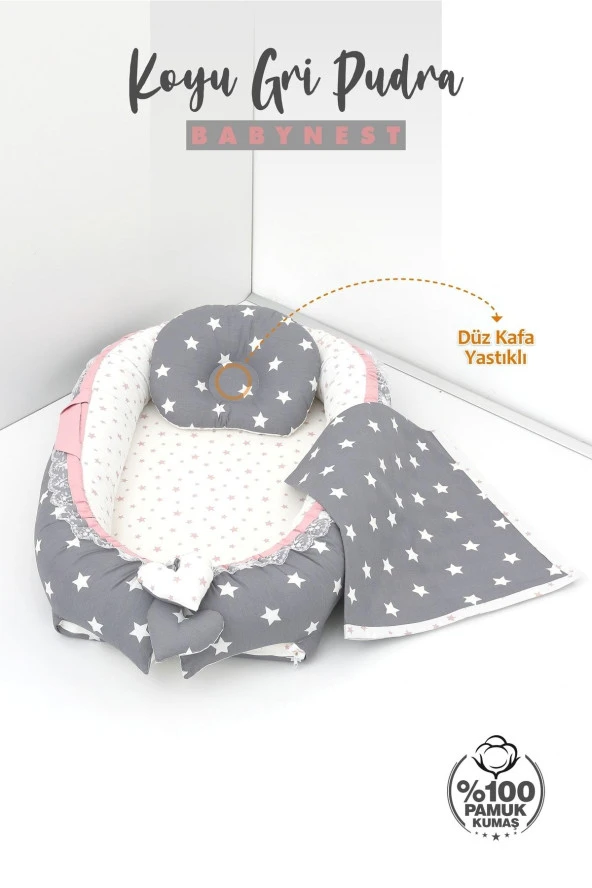 Umaybebek 3 Parça - Bebek Uyku Yatağı, Baş Yastık, Bebek Pikesi 0-2 Yaş - %100 Pamuk-Koyu Gri/Pudra - 2