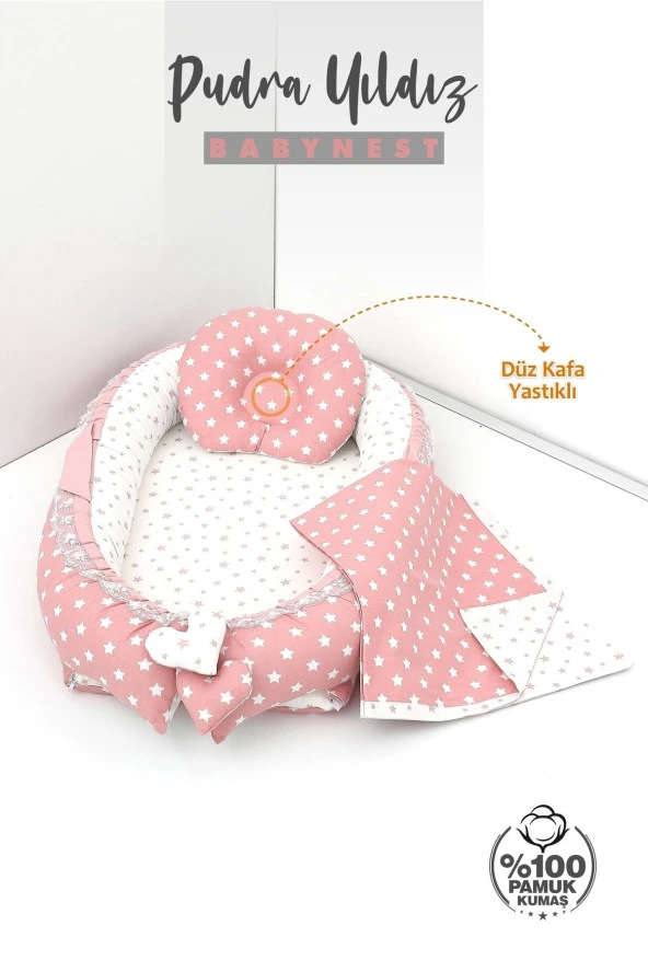 Umaybebek 3 Parça - Bebek Uyku Yatağı, Baş Yastık, Bebek Pikesi 0-2 Yaş - %100 Pamuk-Pudra Yıldız - Resim 2