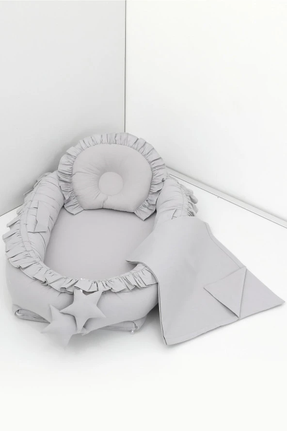 Umaybebek 3 Parça - Bebek Uyku Yatağı, Baş Yastık, Bebek Pikesi 0-2 Yaş - %100 Pamuk-Gri Fırfırlı ürün görseli 1