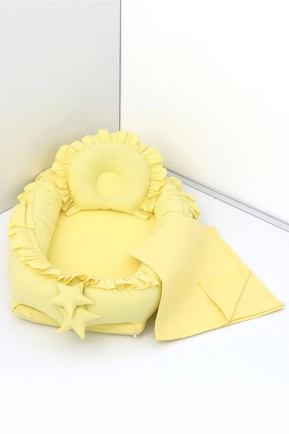 Umaybebek 3 Parça - Bebek Uyku Yatağı, Baş Yastık, Bebek Pikesi 0-2 Yaş - %100 Pamuk-Sarı Fırfırlı ürün görseli 1