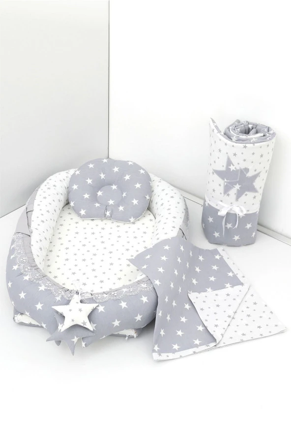 Umaybebek 4 Parça - Bebek Yatağı, Baş Yastık, Bebek Battaniyesi, Yorganı 0-2 Yaş - %100 Pamuk-Gri Yıldız ürün görseli 1