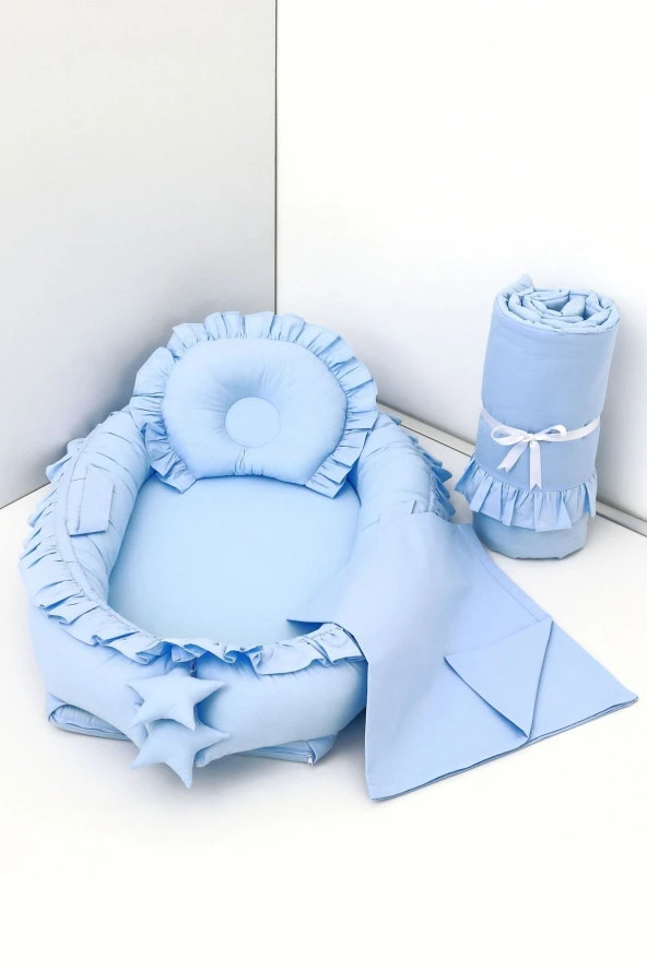 Umaybebek 4 Parça - Bebek Uyku Yatağı, Baş Yastık, Bebek Pikesi, Yorganı 0-2 Yaş - %100 Pamuk-Mavi Fırfırlı ürün görseli 1