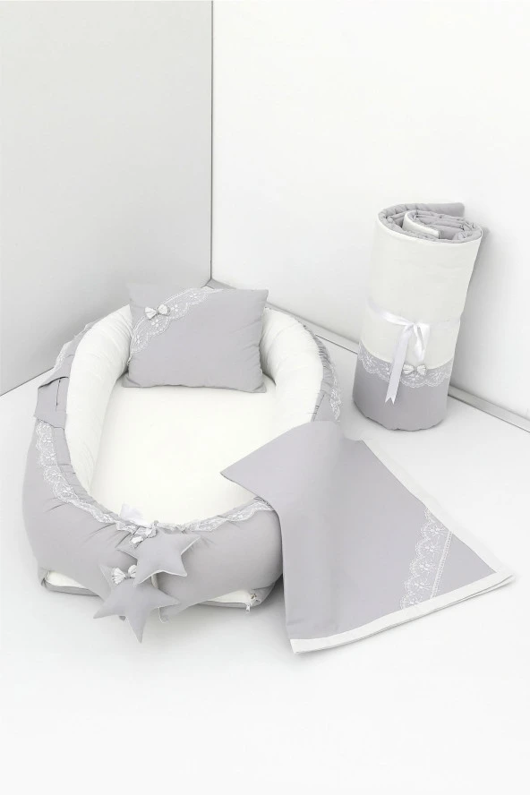 Umaybebek 4 Parça - Bebek Uyku Yatağı, Baş Yastık, Bebek Pikesi, Yorganı 0-2 Yaş - %100 Pamuk-Gri/Krem ürün görseli 1