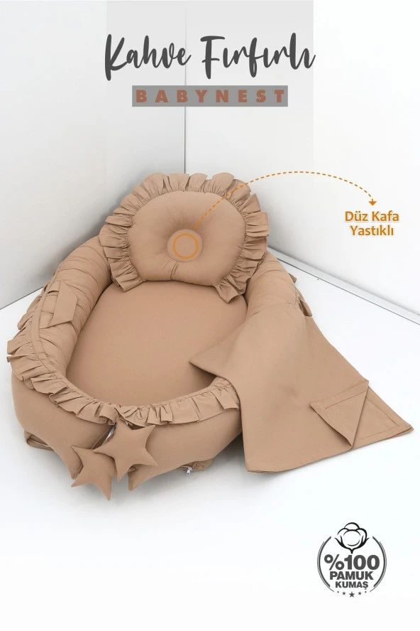 Umaybebek 3 Parça - Bebek Uyku Yatağı, Baş Yastık, Bebek Pikesi 0-2 Yaş - %100 Pamuk-Kahve Fırfırlı - Resim 2