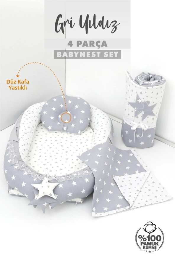 Umaybebek 4 Parça - Bebek Yatağı, Baş Yastık, Bebek Battaniyesi, Yorganı 0-2 Yaş - %100 Pamuk-Gri Yıldız - Resim 2