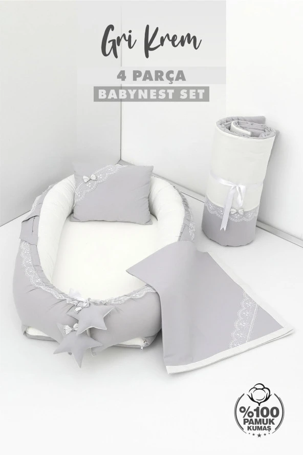 Umaybebek 4 Parça - Bebek Uyku Yatağı, Baş Yastık, Bebek Pikesi, Yorganı 0-2 Yaş - %100 Pamuk-Gri/Krem - Resim 2