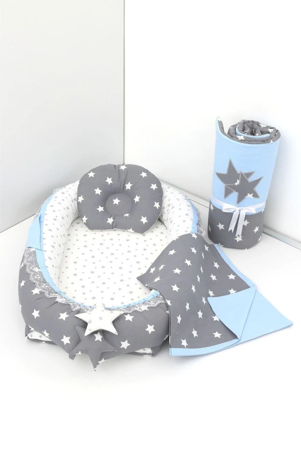 Umaybebek 4 Parça - Bebek Uyku Yatağı, Baş Yastık, Bebek Pikesi, Yorganı 0-2 Yaş - %100 Pamuk-Koyu Gri/Mavi ürün görseli 1