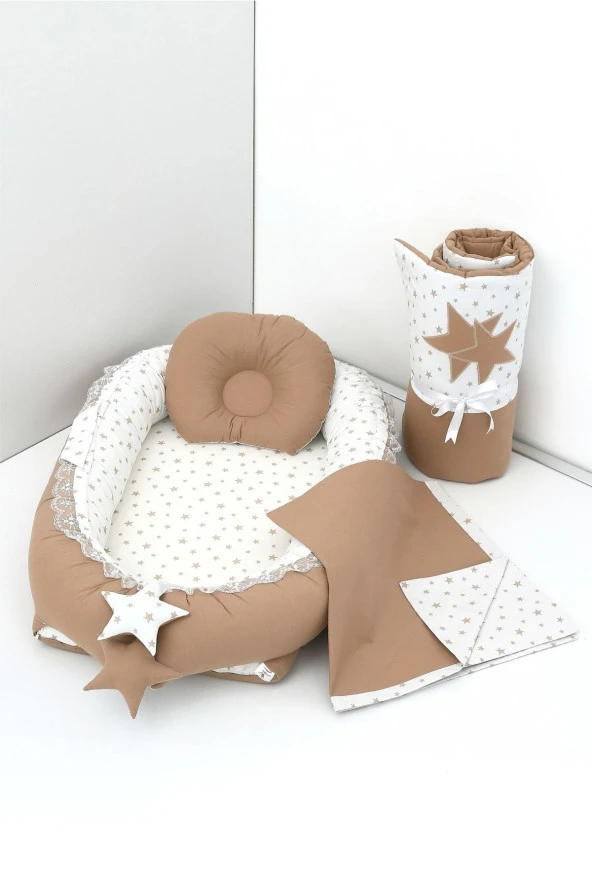 Umaybebek 4 Parça - Bebek Uyku Yatağı, Baş Yastık, Bebek Pikesi, Yorganı 0-2 Yaş - %100 Pamuk-Kahve ürün görseli 1