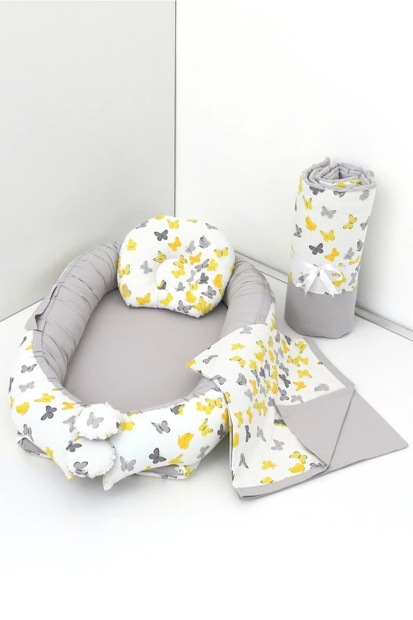 Umaybebek 4 Parça - Bebek Uyku Yatağı, Baş Yastık, Bebek Pikesi, Yorganı 0-2 Yaş - %100 Pamuk-Sarı/Gri Kelebek ürün görseli 1