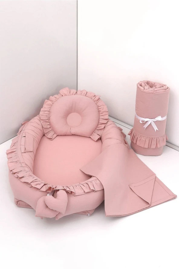 Umaybebek 4 Parça - Bebek Uyku Yatağı, Baş Yastık, Bebek Pikesi, Yorganı 0-2 Yaş - %100 Pamuk-Pudra Fırfırlı