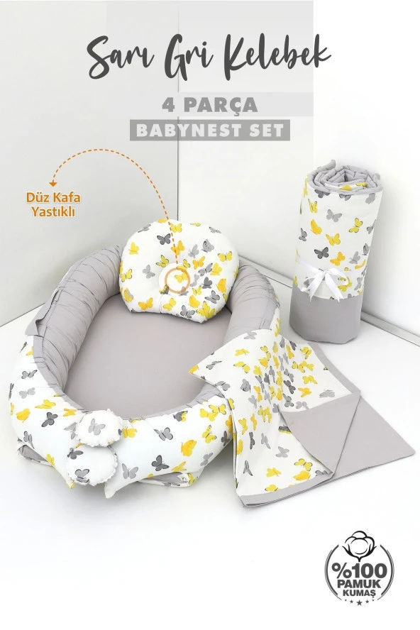 Umaybebek 4 Parça - Bebek Uyku Yatağı, Baş Yastık, Bebek Pikesi, Yorganı 0-2 Yaş - %100 Pamuk-Sarı/Gri Kelebek - Resim 2